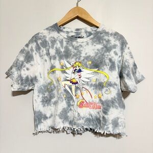 Sailor Moon Tie-Dye Cropped Tee Gray & White Fringe Size Medium